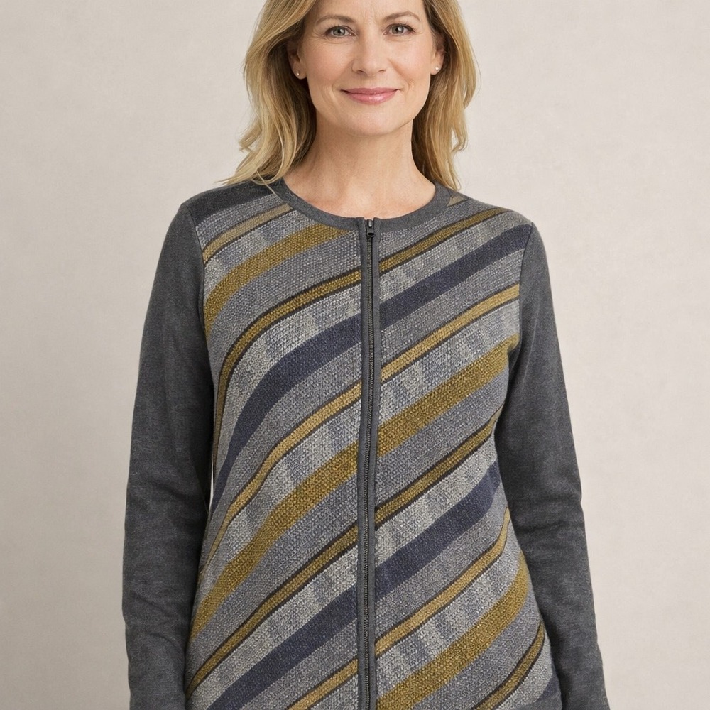 Talbots Full Zip Knit Cardigan Gray Navy Mustard Diagonal Stripe Sweater Women L